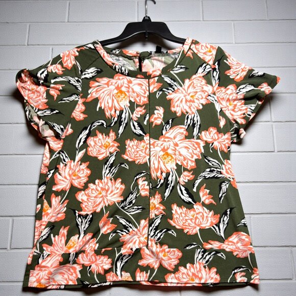 Roz & Ali XL Floral Knit Top Olive Green Coral Cap Sleeve Plus Size Summer - Picture 1 of 9